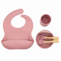 Factory 5 pieces of environmentally friendly silicone baby tableware feeding set water cup bowl spoon fork set and bib